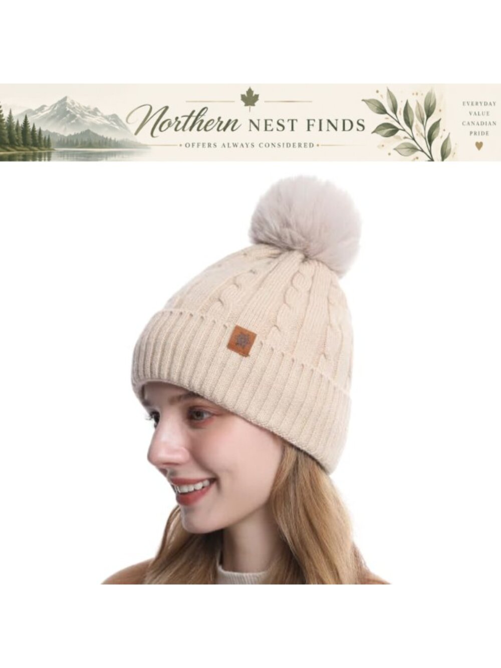 Womens Acrylic Knit Beanie with Faux Fur Pom Pom Winter Hat